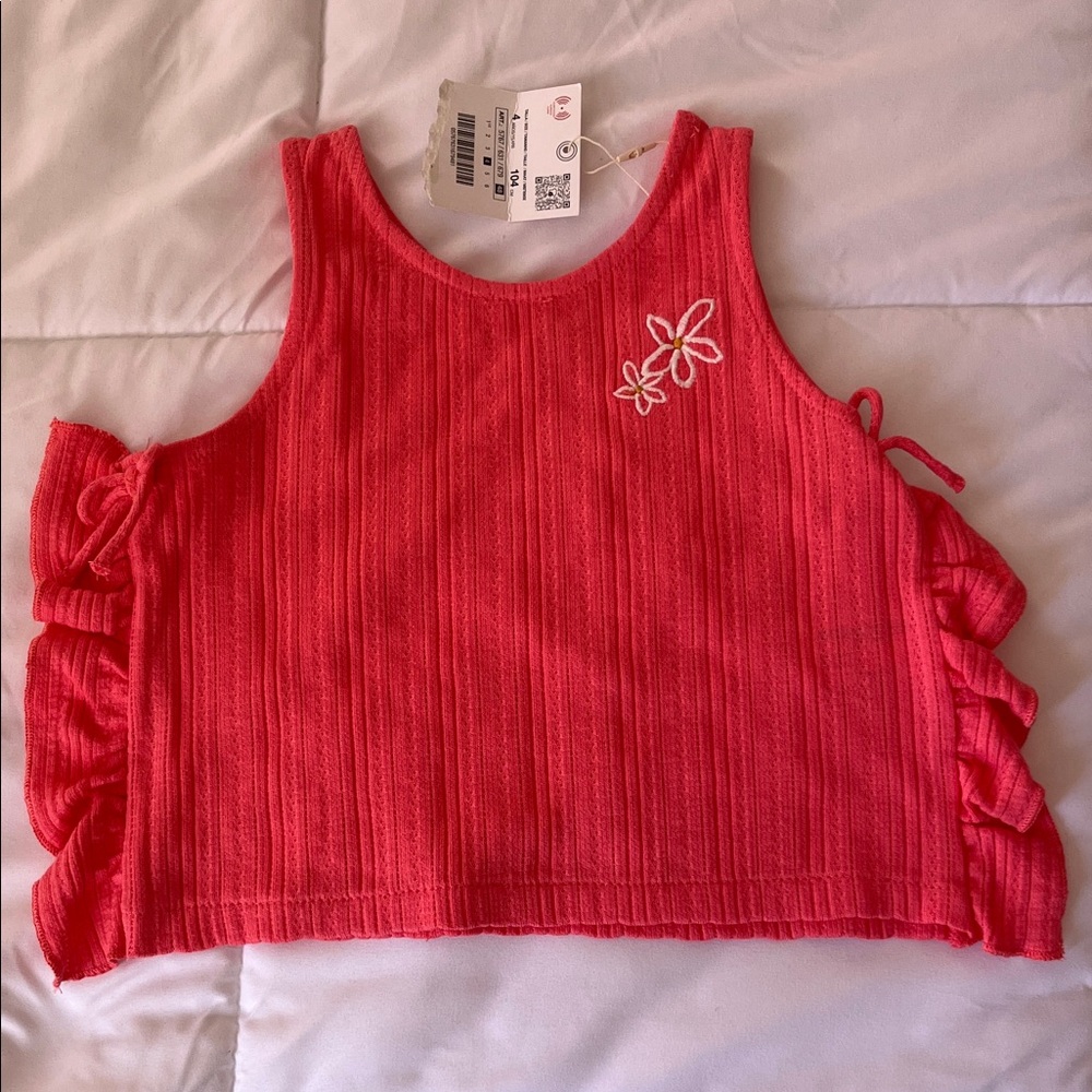 Zara Bright Pink Ribbed Tank Top with White Floral Detail